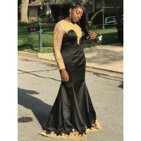 Trumpet/Mermaid Scoop Long Sleeves Applique Floor-Length Satin Plus Size Dresses