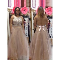 A-Line/Princess Scoop Sleeveless Beading Floor-Length Tulle Plus Size Dresses