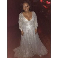 A-Line/Princess V-neck Long Sleeves Sequin Sweep/Brush Train Sequins Plus Size Dresses