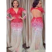 Sheath/Column V-neck Long Sleeves Beading Sweep/Brush Train Tulle Plus Size Dresses