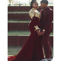 Trumpet/Mermaid High Neck Long Sleeves Applique Court Train Velvet Plus Size Dresses