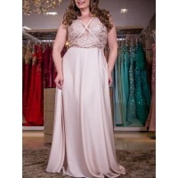 A-Line/Princess V-neck Sleeveless Applique Floor-Length Elastic Woven Satin Plus Size Dresses