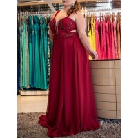 A-Line/Princess Straps Sleeveless Beading Sweep/Brush Train Chiffon Plus Size Dresses
