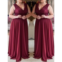 A-Line/Princess V-neck Sleeveless Lace Sweep/Brush Train Chiffon Plus Size Dresses