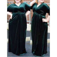 Sheath/Column V-neck 1/2 Sleeves Ruched Floor-Length Velvet Plus Size Dresses