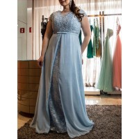 A-Line/Princess Scoop Short Sleeves Lace Floor-Length Chiffon Plus Size Dresses