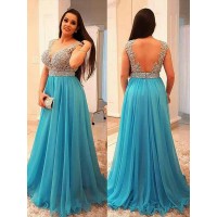 A-Line/Princess V-neck Sleeveless Beading Floor-Length Chiffon Plus Size Dresses