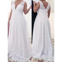 A-Line/Princess V-neck Sleeveless Lace Sweep/Brush Train Lace Plus Size Dresses