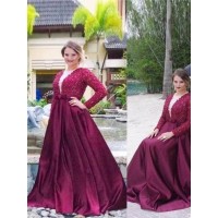 A-Line/Princess V-neck Long Sleeves Beading Sweep/Brush Train Satin Plus Size Dresses