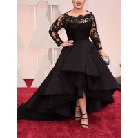 A-Line/Princess Bateau Long Sleeves Lace Asymmetrical Satin Plus Size Dresses