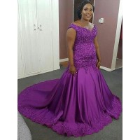 Trumpet/Mermaid V-neck Sleeveless Beading Court Train Satin Plus Size Dresses