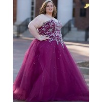 Ball Gown Sweetheart Sleeveless Beading Floor-Length Tulle Plus Size Dresses