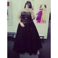 Ball Gown One-Shoulder Sleeveless Beading Floor-Length Tulle Plus Size Dresses
