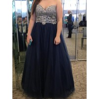 A-Line/Princess Sweetheart Sleeveless Beading Floor-Length Tulle Plus Size Dresses