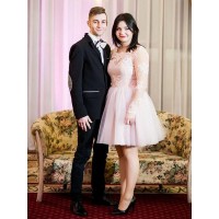 A-Line/Princess Sheer Neck Long Sleeves Applique Short/Mini Tulle Plus Size Dresses
