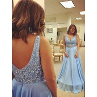 A-Line/Princess V-neck Sleeveless Beading Floor-Length Chiffon Plus Size Dresses