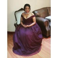 A-Line/Princess Off-the-Shoulder Sleeveless Beading Floor-Length Tulle Plus Size Dresses