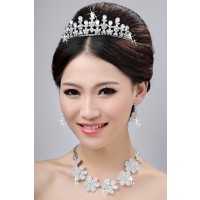 New Style Nice Alloy Clear Crystals Flower Wedding Headpieces Necklaces Earrings Set