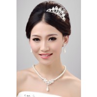 Nice Alloy Clear Crystals Pearl Wedding Headpieces Necklaces Earrings Set