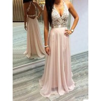 A-Line/Princess Halter Sleeveless Chiffon Lace Sweep/Brush Train Dresses