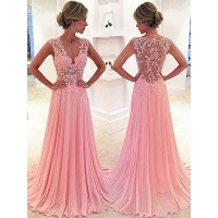 A-Line/Princess Sleeveless Chiffon Lace V-neck Sweep/Brush Train Dresses