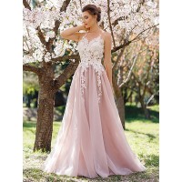 A-Line/Princess Jewel Sleeveless Floor-Length Applique Tulle Dresses