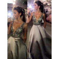 A-Line/Princess V-Neck Sleeveless Sweep/Brush Train Beading Satin Dresses