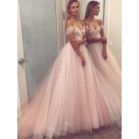 A-Line/Princess Sleeveless Off-the-Shoulder Tulle Beading Sweep/Brush Train Dresses