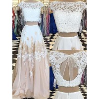 A-Line/Princess Sleeveless Bateau Chiffon Lace Floor-Length Two Piece Dresses