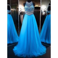 A-Line/Princess Jewel Sleeveless Sweep/Brush Train Beading Tulle Dresses
