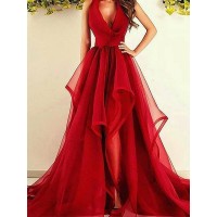 A-Line/Princess V-Neck Sleeveless Asymmetrical Ruffles Organza Dresses
