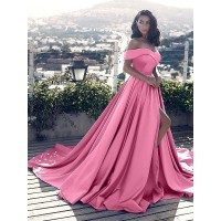 A-Line/Princess Sleeveless Off-the-Shoulder Ruffles Satin Court Train Dresses