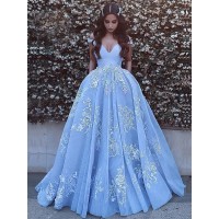 Ball Gown Sleeveless Off-the-Shoulder Applique Tulle Sweep/Brush Train Dresses