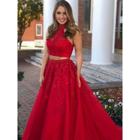 A-Line/Princess Sleeveless Halter Beading Tulle Floor-Length Two Piece Dresses