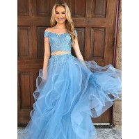 A-Line/Princess Sleeveless Off-the-Shoulder Tulle Applique Floor-Length Two Piece Dresses