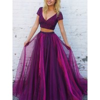 A-Line/Princess V-Neck Short Sleeves Floor-Length Beading Tulle Two Piece Dresses
