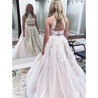 A-Line/Princess High Neck Sleeveless Sweep/Brush Train Applique Tulle Two Piece Dresses