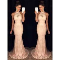 Trumpet/Mermaid High Neck Sleeveless Sweep/Brush Train Ruffles Lace Dresses