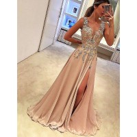 A-Line/Princess V-neck Sleeveless Floor-Length Applique Silk like Satin Dresses