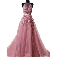 A-Line/Princess Halter Sleeveless Sweep/Brush Train Applique Tulle Dresses