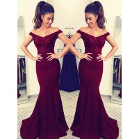 Trumpet/Mermaid Off-the-Shoulder Sleeveless Sweep/Brush Train Lace Satin Dresses