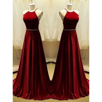 A-Line Halter Sleeveless Sweep/Brush Train With Beading Satin Dresses