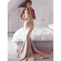 Mermaid V-neck Sleeveless Sweep/Brush Train With Ruffles Spandex Dresses