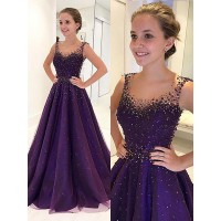 A-Line/Princess Scoop Floor-Length Tulle Sleeveless Beading Dresses