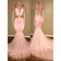 Trumpet/Mermaid V-neck Sweep/Brush Train Long Sleeves Silk like Satin Applique Dresses