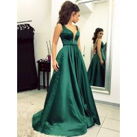 A-Line/Princess V-neck  Sweep/Brush Train Ruffles Satin Dresses