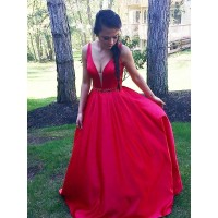 A-Line/Princess V-neck  Floor-Length Beading Satin Dresses