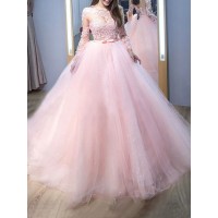 Ball Gown Jewel Long Sleeves Sweep/Brush Train Lace Tulle Dresses