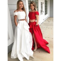 A-Line/Princess Off-the-Shoulder Sleeveless Sweep/Brush Train Lace Satin Two Piece Dresses