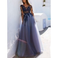 A-Line Scoop Long Sleeves Floor-Length With Applique Tulle Dresses